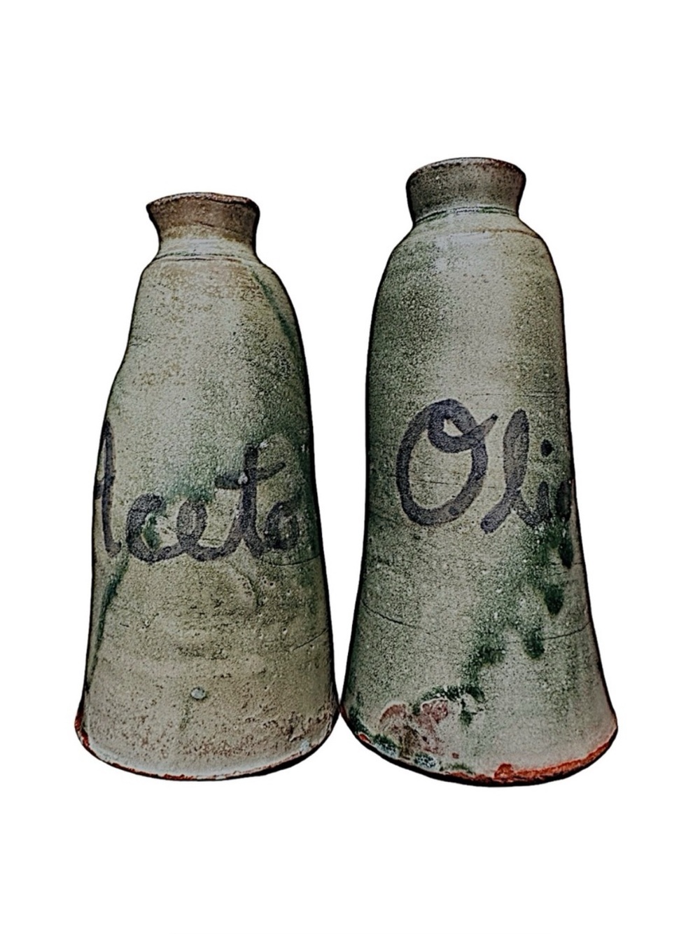 Vintage Handcrafted Green Stoneware Olive & Aceto Set 6” Rustic Cruet